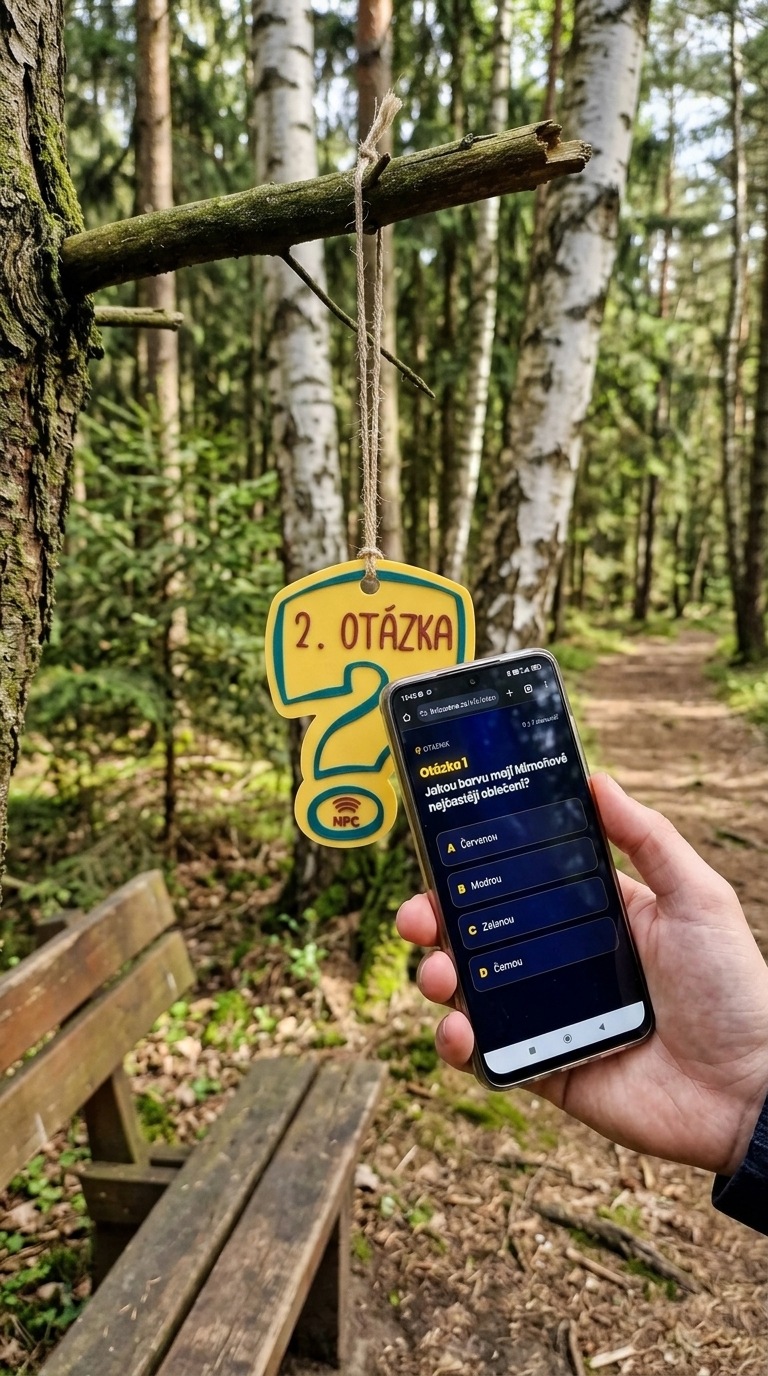 Dítě přiloží telefon k NFC tagu v lese a odpovídá na otázku